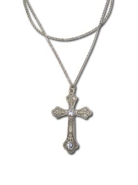 A Gothic Romance - Antique Silver Rhinestone Crucifix Double Layer Necklace